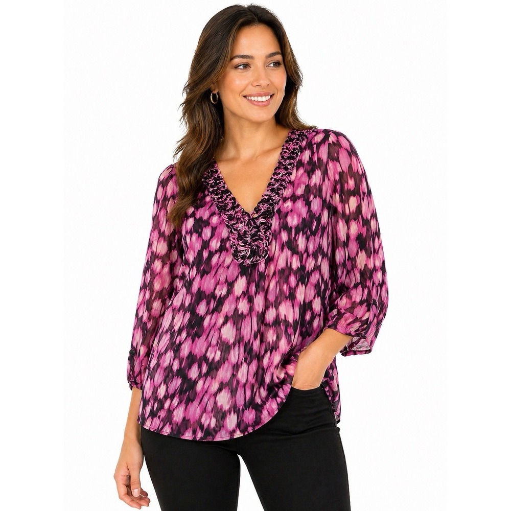 Dana Buchman Women's XL Black Pink Abstract Print 3/4 Sleeve Blouse Top Sheer